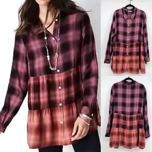J.Jill Tiered Mixed Plaid Button Front Tunic Shirt Women 2X Pink Long Sleeve Top